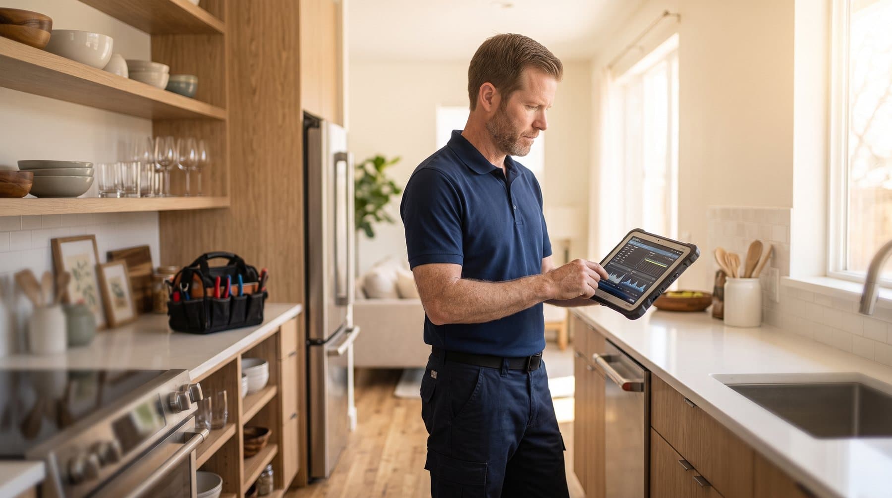 Technician running a diagnostic on a home appliance with a tablet