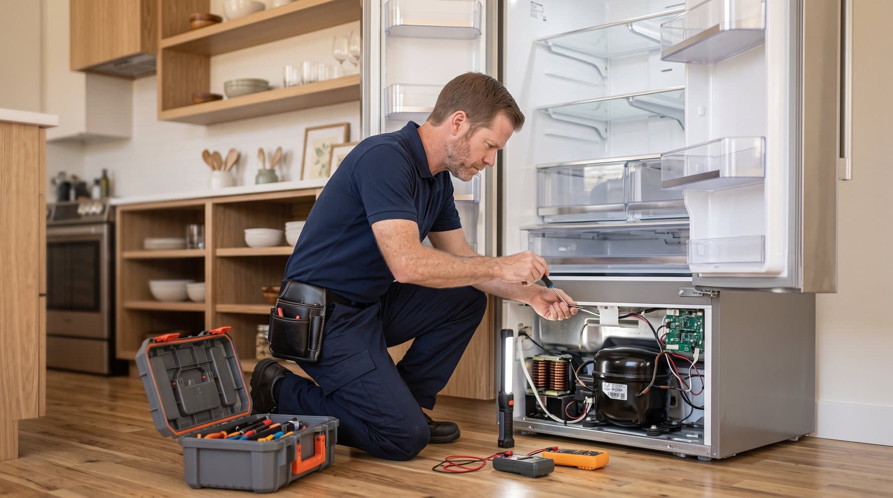 Technician repairing a refrigerator in a home kitchen